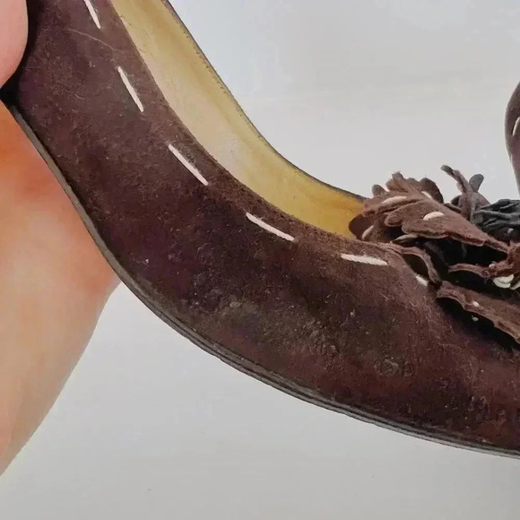 y2k Vintage Ramon Tenza Brown Suede Cream Pointed Toe Heels Flower Size 8.5 - Picture 14 of 15